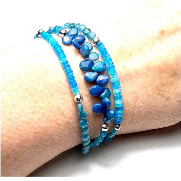 Natural Apatite and Black Opal Wrap Bracelet, Necklace Solid 14k White Gold - Picture 7 of 7